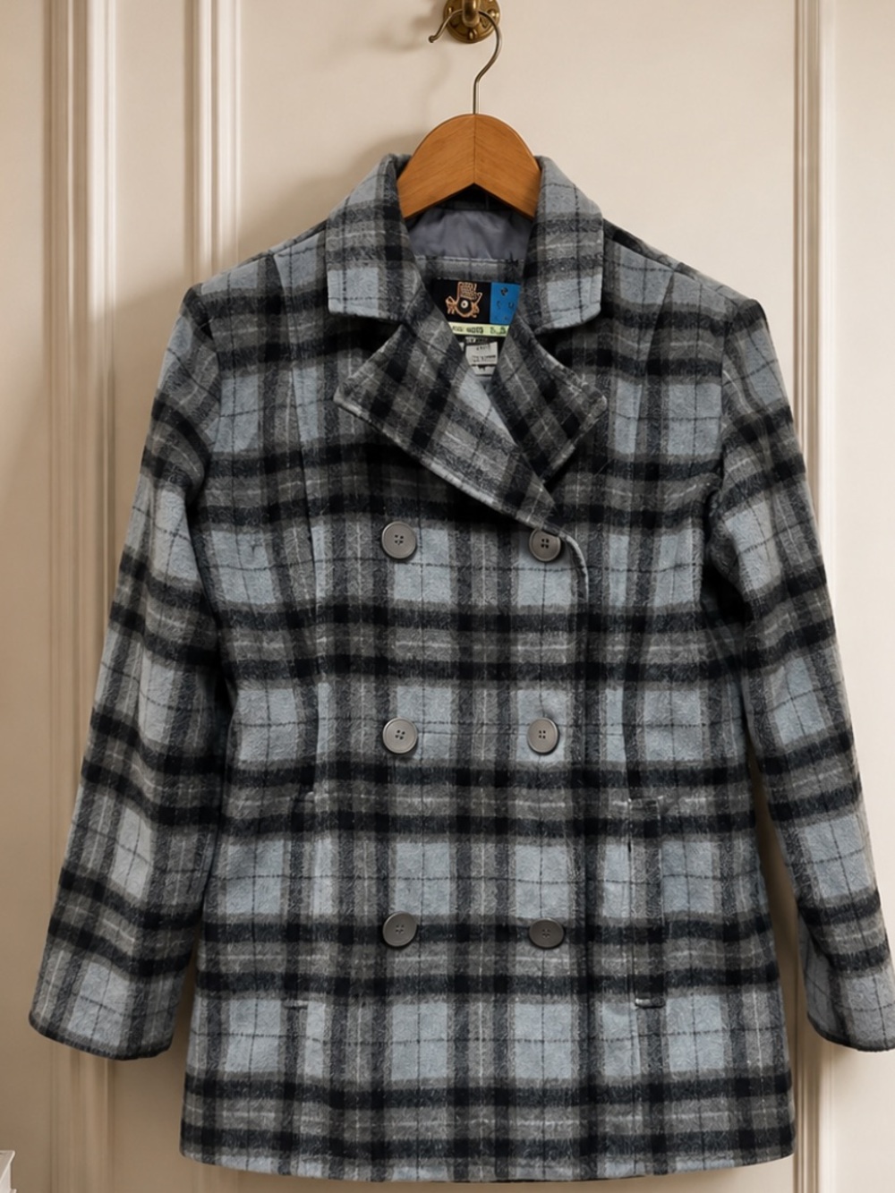VINTAGE Y2K Plaid wool pea coat Light Blue/Grey /Black S/M